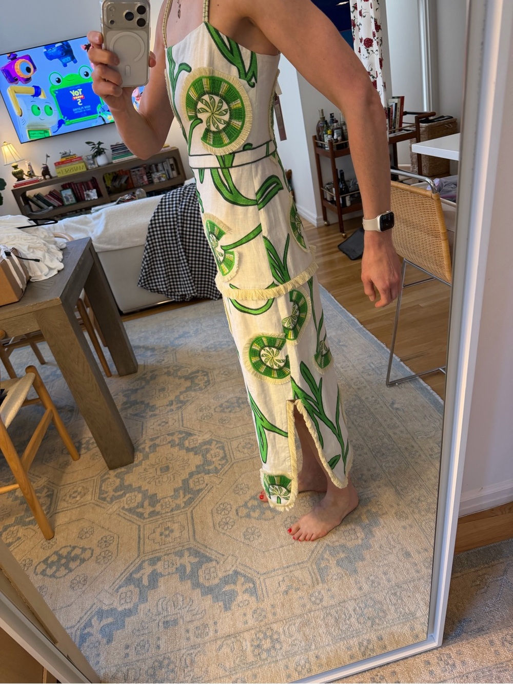 Alexis Cream & Green Floral Linen Slip Dress - Picture 8 of 11